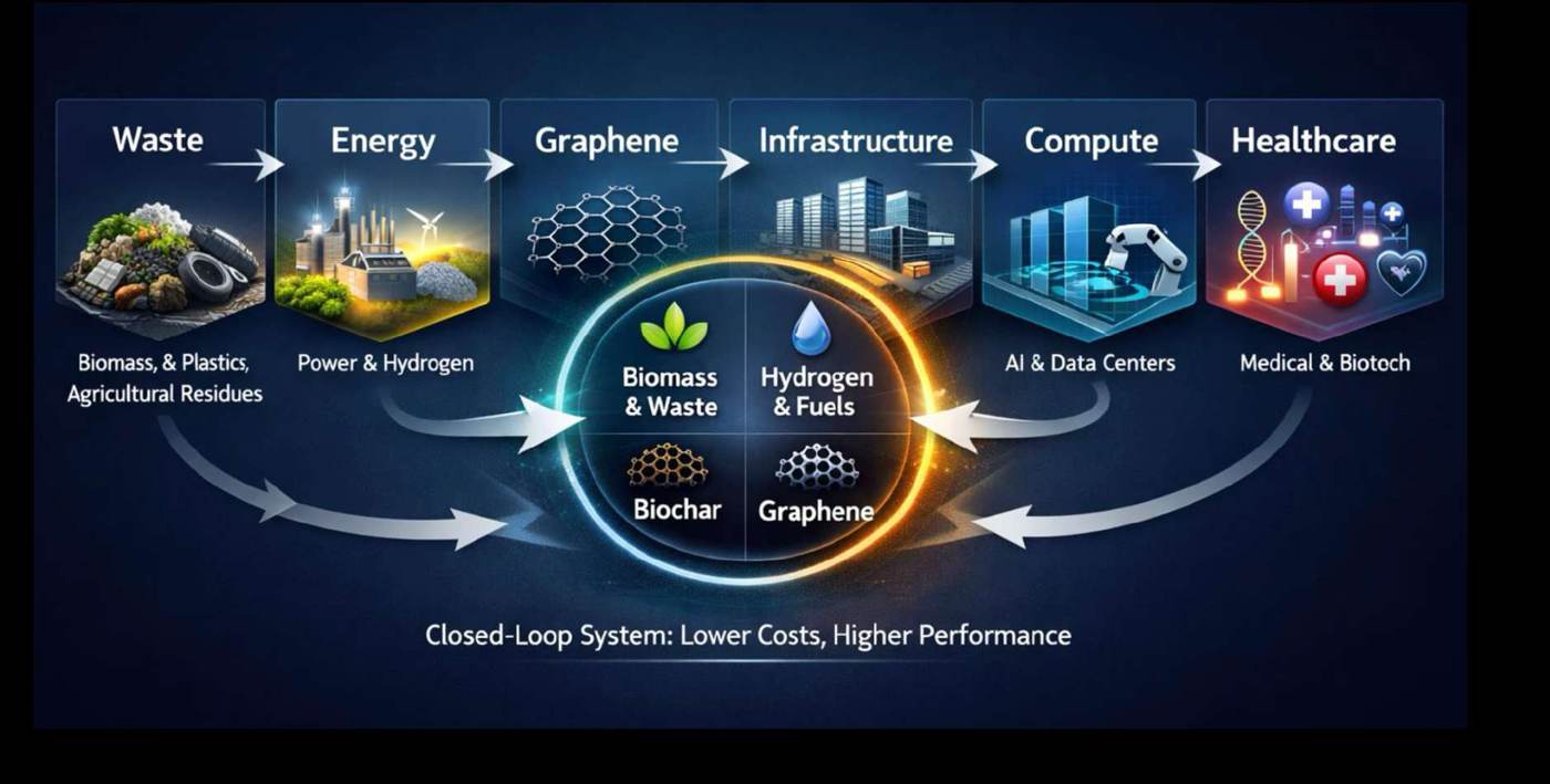 Closed-loop system: waste to energy to graphene to infrastructure, compute, and healthcare