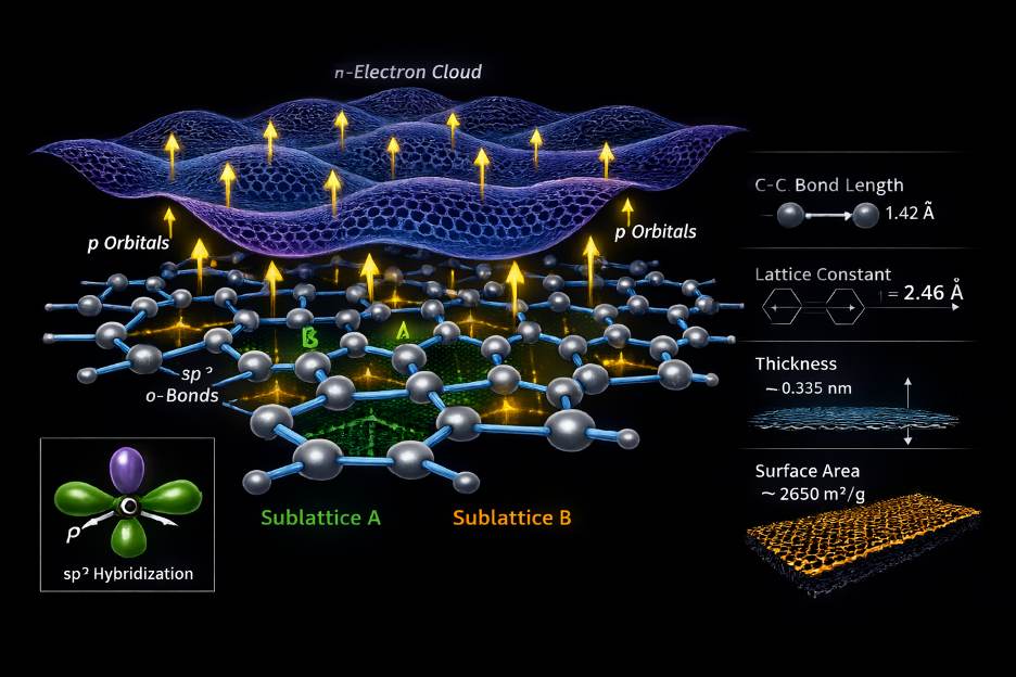 Graphene structure: sigma bonds, p orbitals, pi-electron cloud, sublattices A and B, lattice parameters